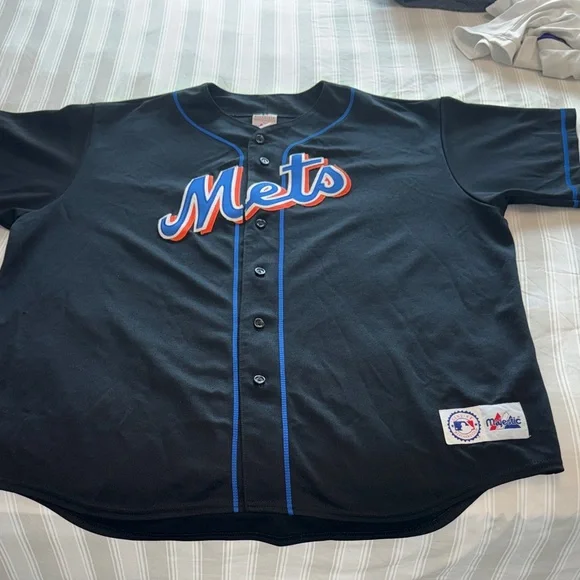 Majestic Black Jersey with Blue and Orange Mets Logo - Picture 1 of 8